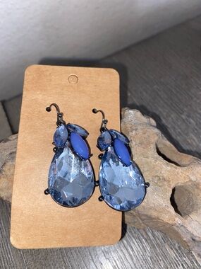 Silver-Tone Blue Teardrop Crystal Drop Earrings